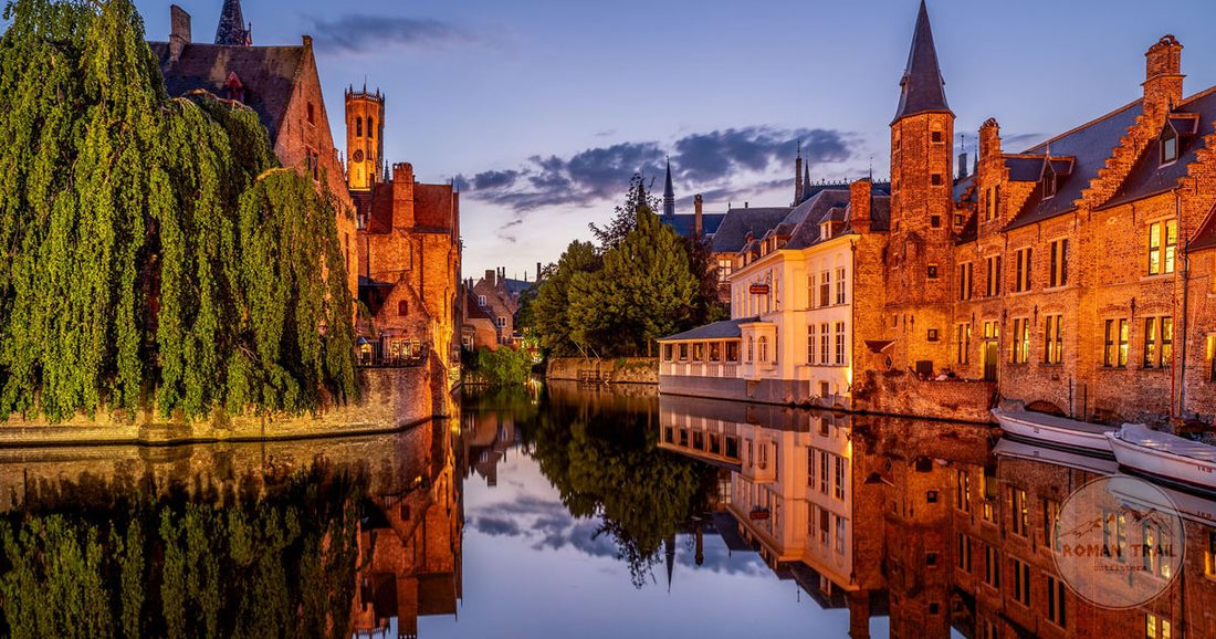 A Bruges canal and medieval houses at golden hour, Bruges packing list for women by Roman Trail Outfitters
