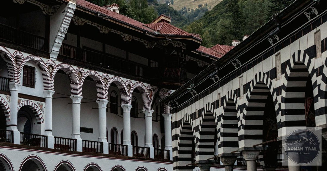 Rila Monastery Bulgaria striped arches at golden hour