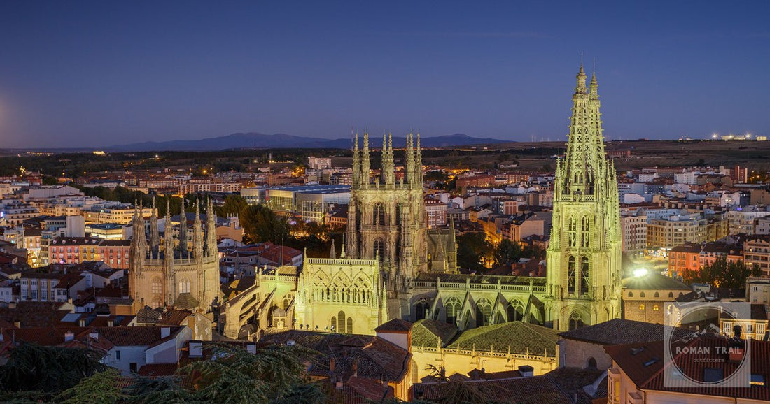 The cityscape of Burgos at dusk with the Gothic cathedral, Spain