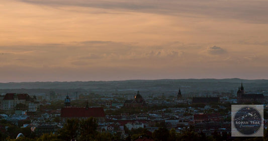 Krakow skyline silhouette at dusk with church spires in Poland