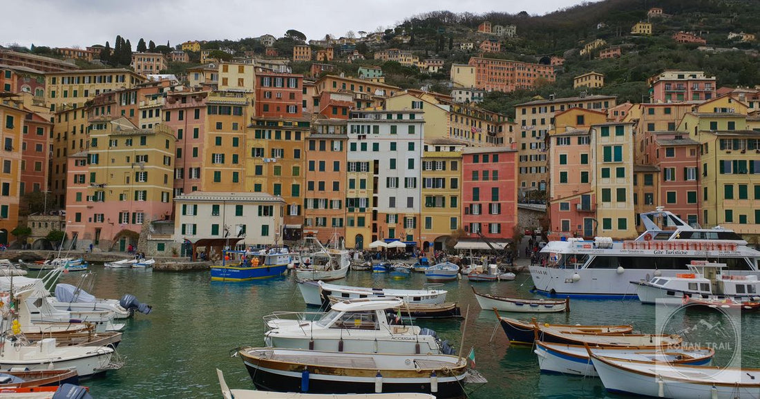 Coloured buildings and boats on the waterfront at Camogli, Italy