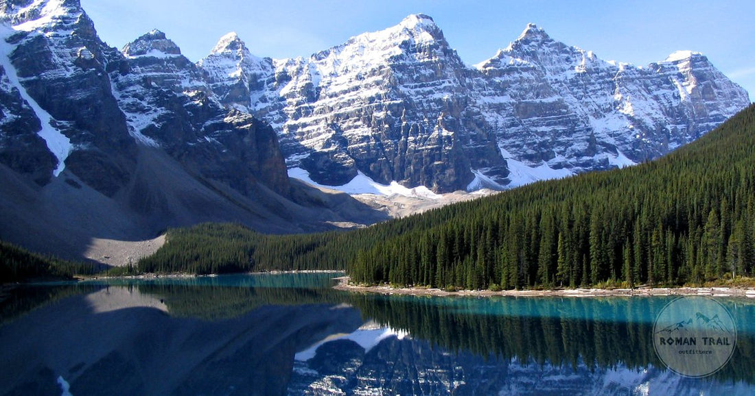 Turquoise Moraine Lake below the Valley of the Ten Peaks in Banff National Park, Canada packing list for women by Roman Trail Outfitters