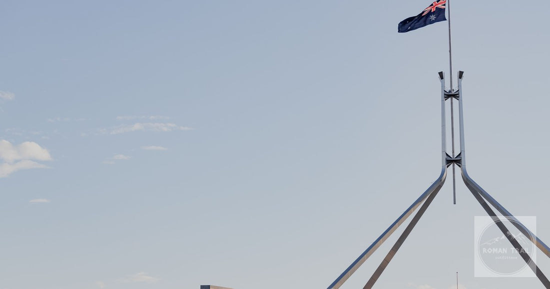 Australian Parliament House and the national flag in Canberra