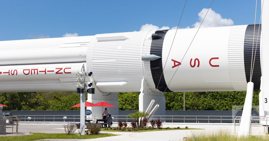 A rocket standing at the Kennedy Space Center on Merritt Island under a clear Florida sky.