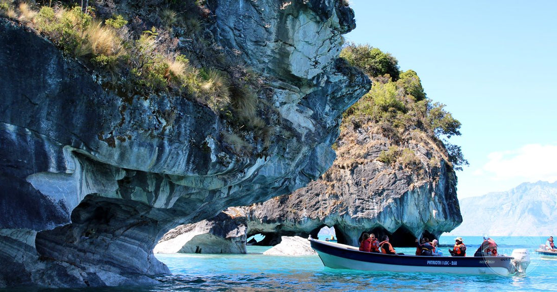 A boat approaching the Marble Caves at Puerto Río Tranquilo, Chile