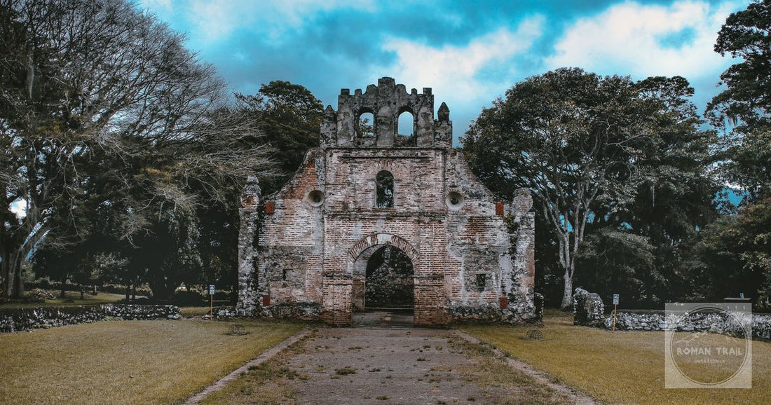 The roofless stone ruins of the Santiago Apostol church in Cartago, Costa Rica