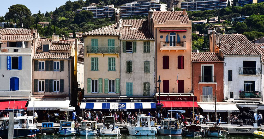 Coloured waterfront buildings and boats at Cassis, France