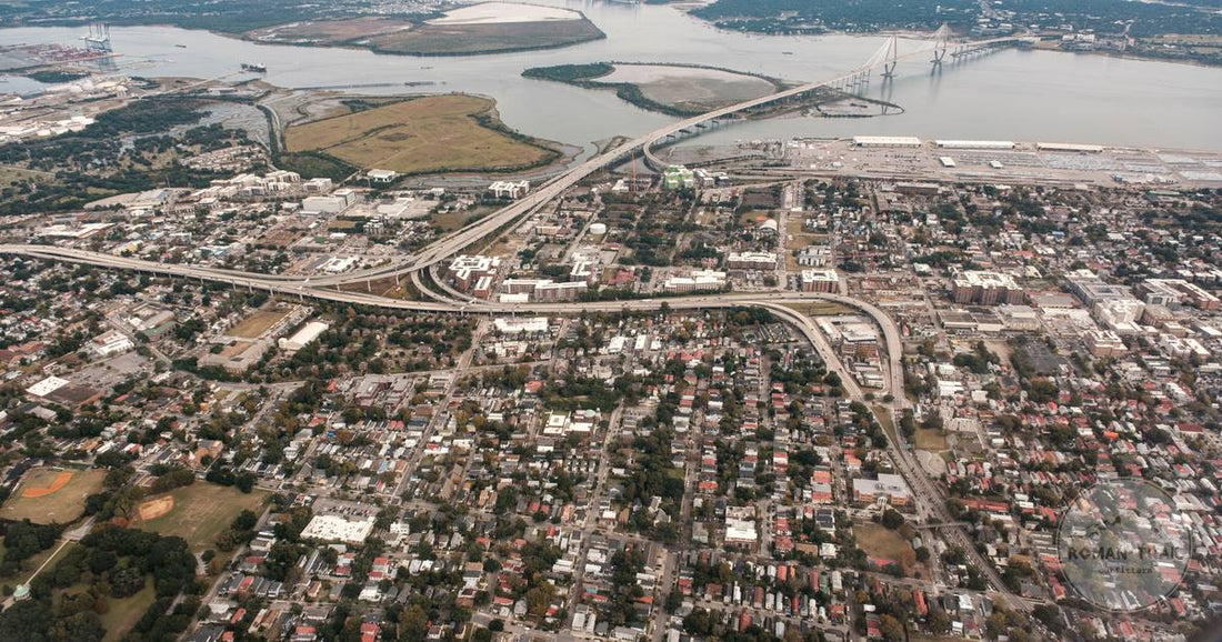 An aerial view of the historic peninsula of Charleston, South Carolina
