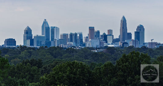 Skyline of Charlotte, NC, featuring modern skyscrapers and lush greenery under a moody sky.
