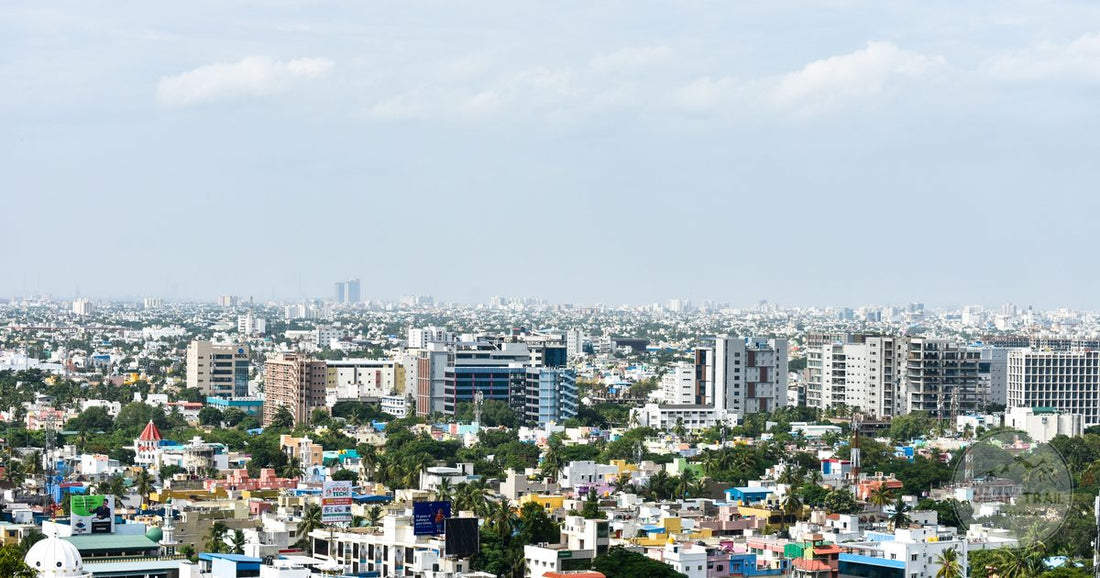 Aerial view of dense colourful buildings across Chennai, Chennai packing list for women by Roman Trail Outfitters