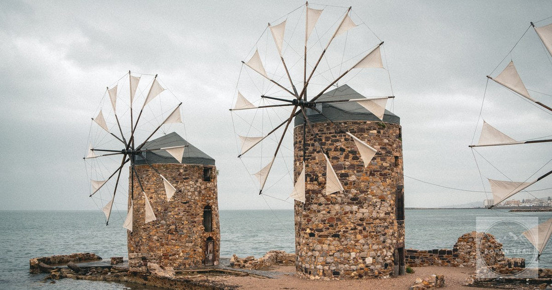 Stone windmills above the sea on Chios, Greece