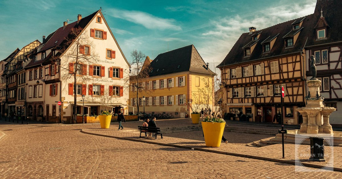 Timber framed houses on the old town square at Colmar, France