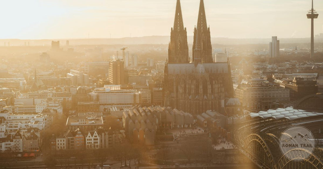 Aerial view of Cologne Cathedral at sunrise above the Rhine, Germany