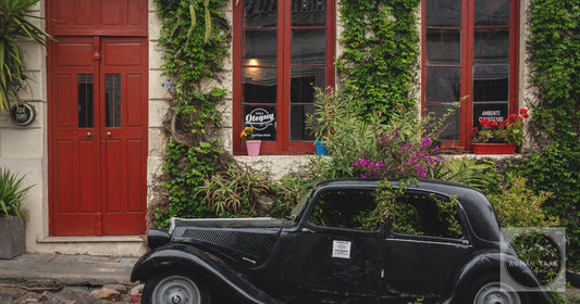 A vintage car against an ivy-covered colonial facade in Colonia del Sacramento, Uruguay