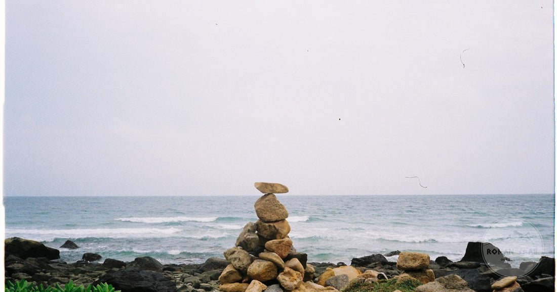 A quiet beach with stacked stones in Ba Ria Vung Tau province, Vietnam