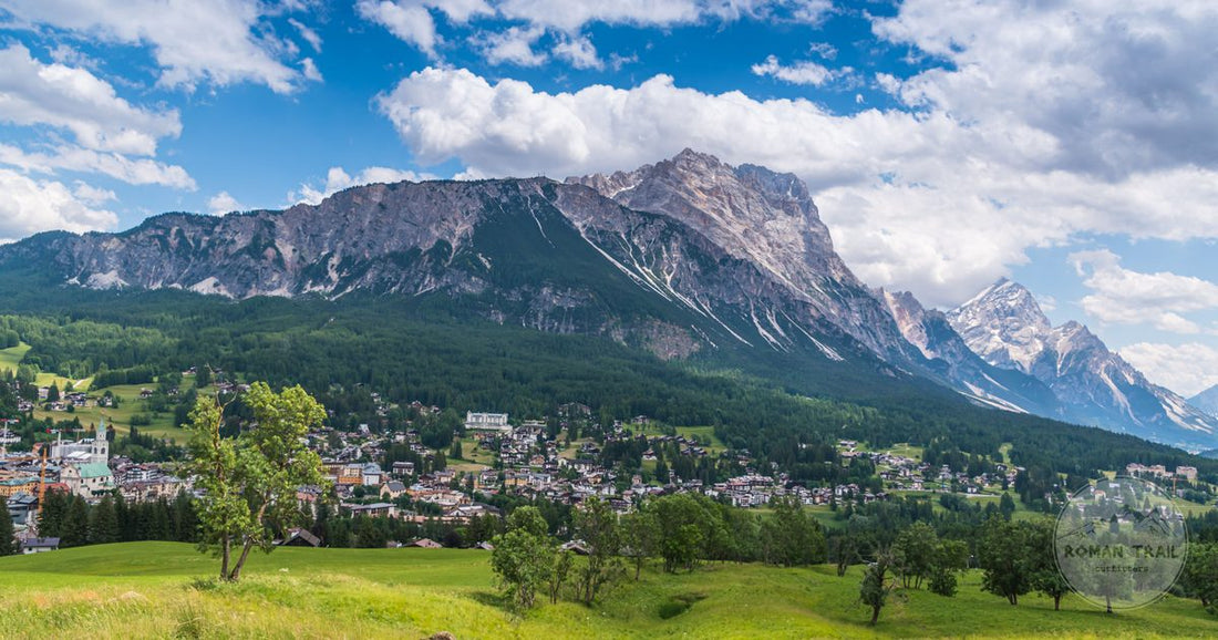 The landscape at Cortina d'Ampezzo with the Dolomites behind, Italy