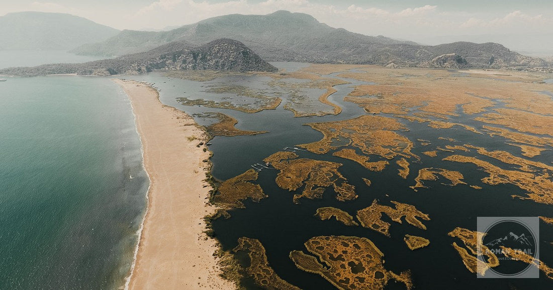 Iztuzu beach and the river mouth at Dalyan from the air, Turkiye