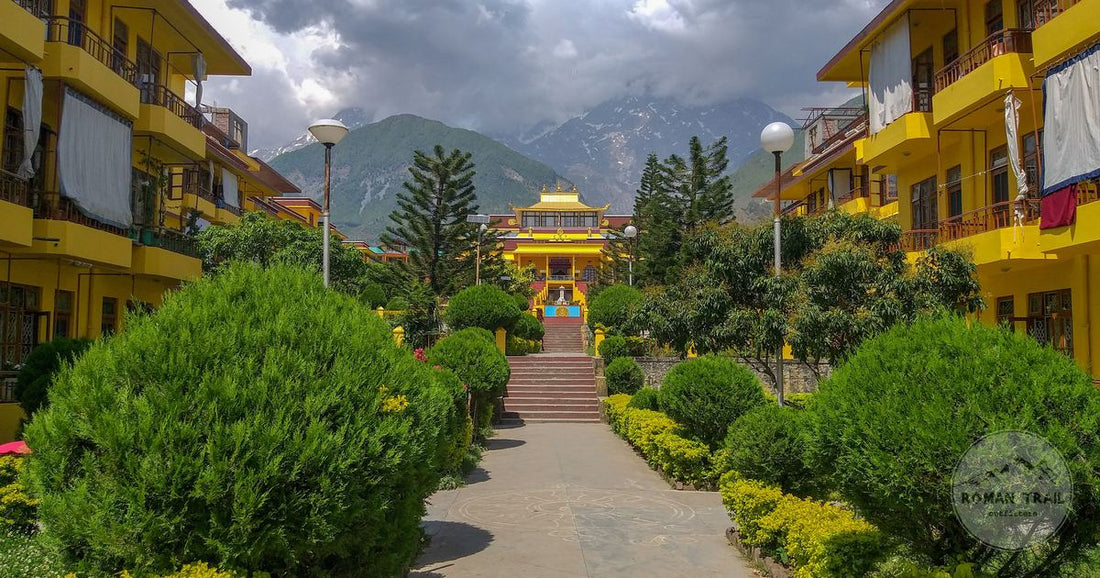 A Buddhist monastery among green hills at Dharamshala, Himachal Pradesh, India