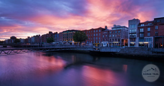 Sunset over the River Liffey and the Dublin cityscape, Ireland