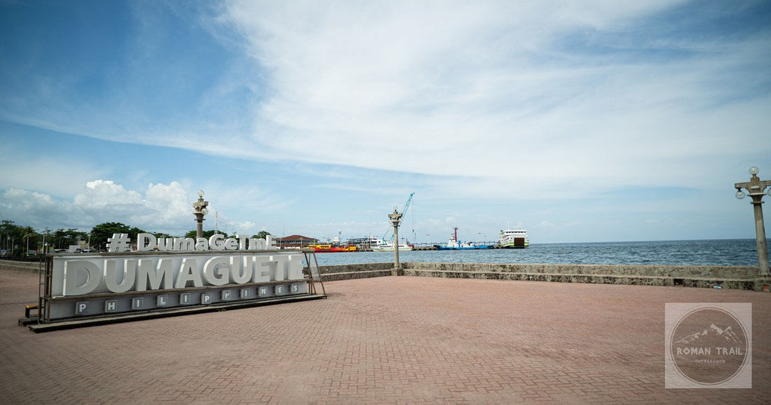 Dumaguete City harbour with its sign and the ocean behind, Philippines