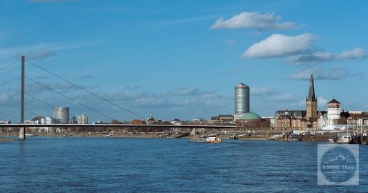 The Dusseldorf cityscape with the Rhine and its bridge, Germany