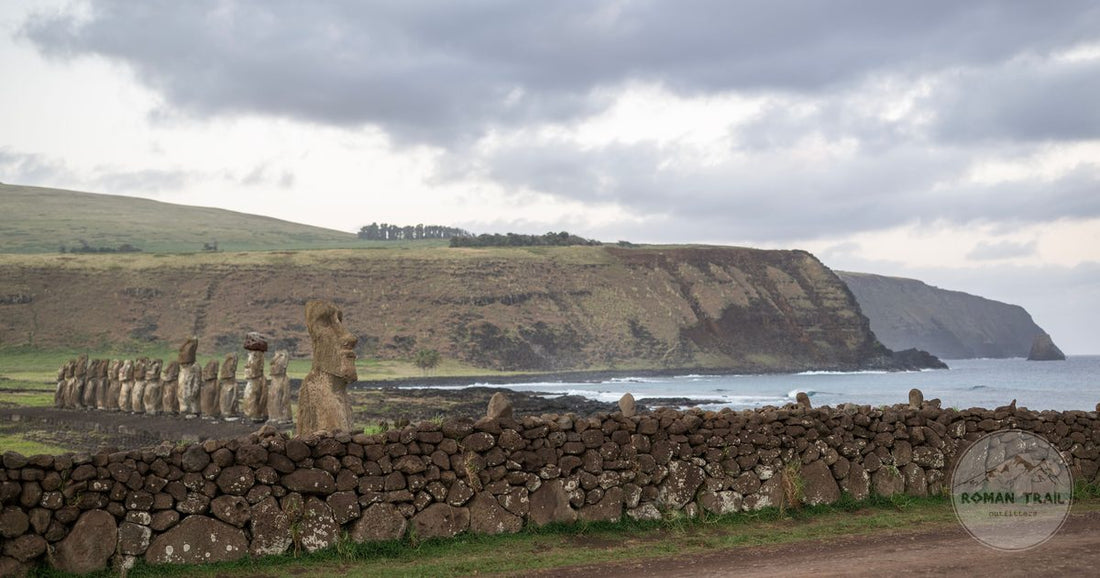 Stone moai standing on the coastline of Easter Island, Chile