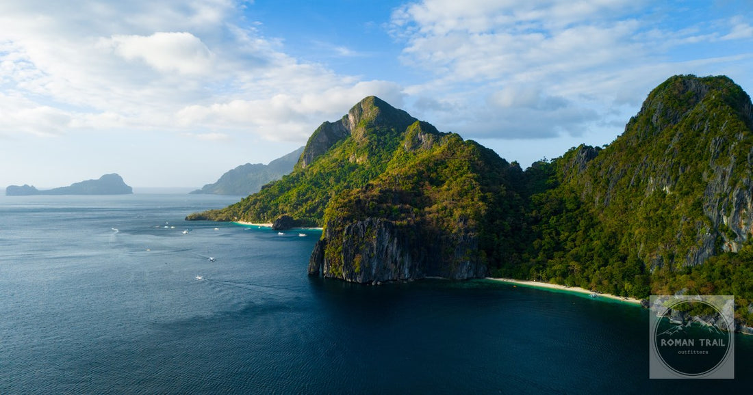 An aerial view of the bay and islands at El Nido, Palawan, Philippines