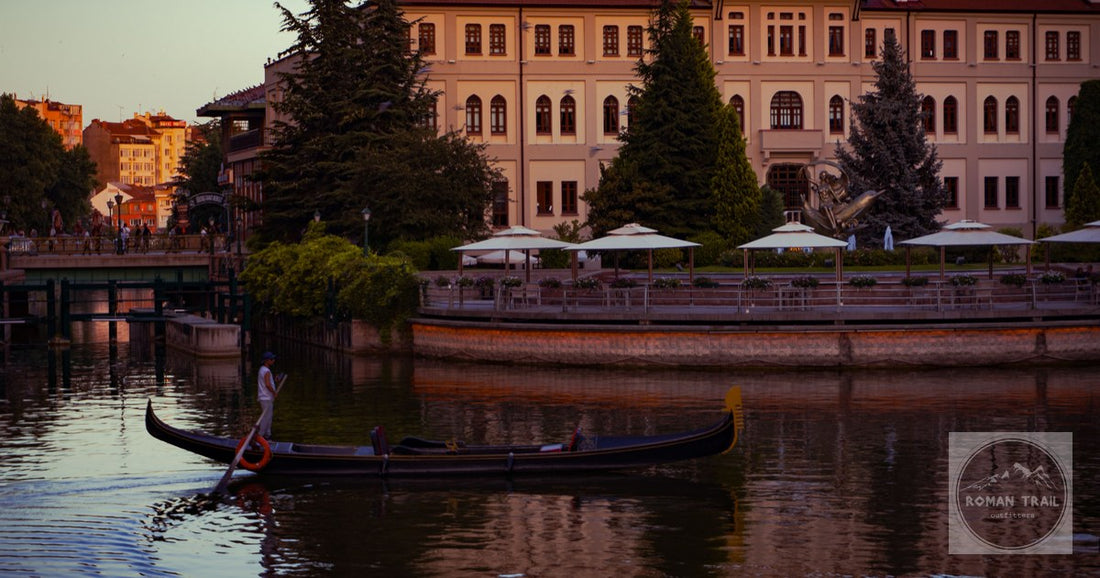 A gondola on the Porsuk canal at sunset in Eskisehir, Turkey