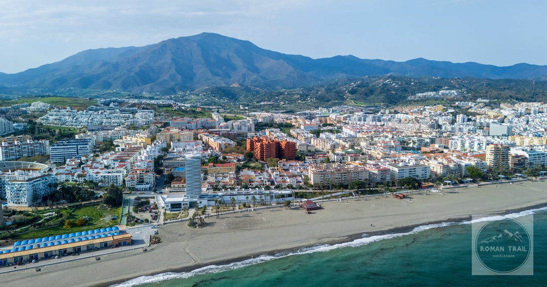 The Estepona beachfront and the mountains behind it from the air, Andalusia