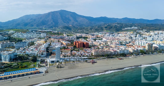 The Estepona beachfront and the mountains behind it from the air, Andalusia