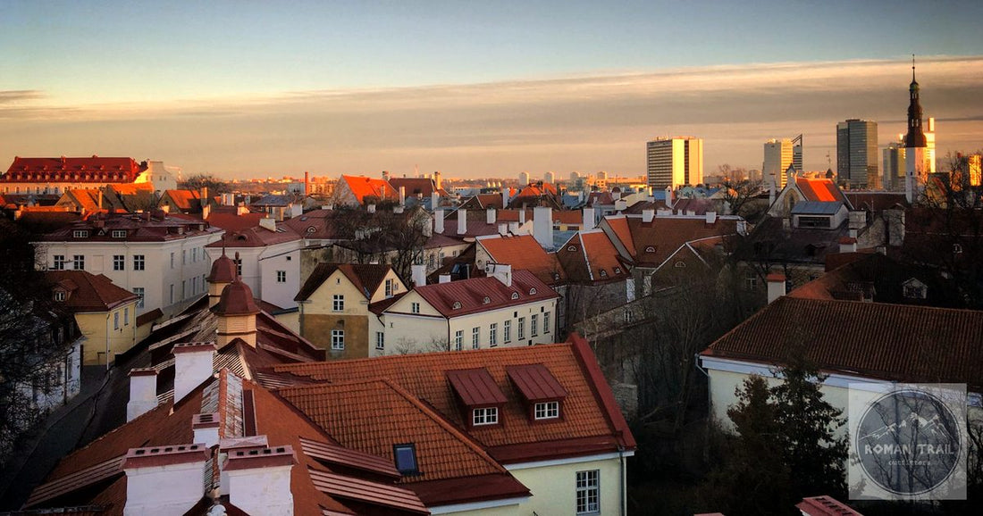 Tallinn medieval old town skyline at golden hour