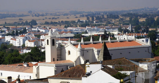 Aerial view of the historic walled town of Evora in the Alentejo, Evora packing list for women by Roman Trail Outfitters