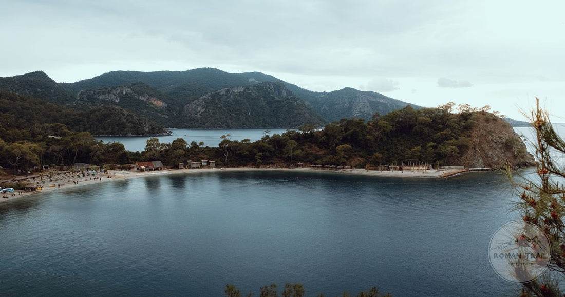 Aerial view of the Oludeniz lagoon and wooded hills at Fethiye, Turkiye