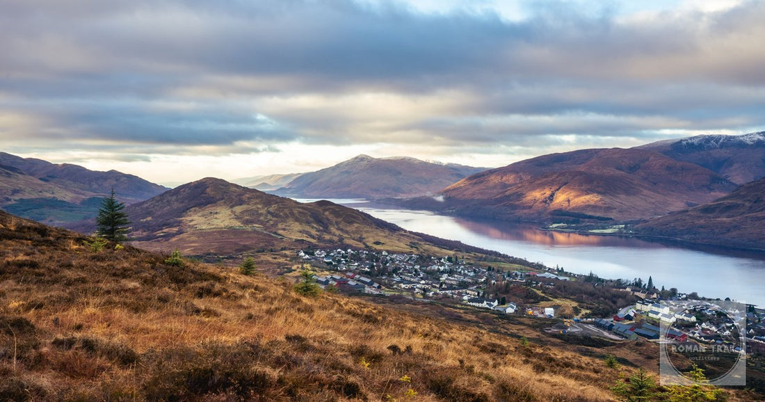 Mountains and a loch at sunset near Fort William, Scotland
