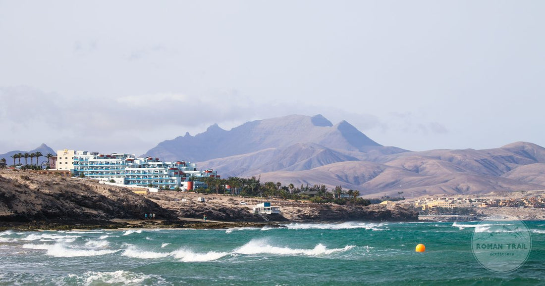 The coastline of Fuerteventura with waves and mountains behind, Canary Islands
