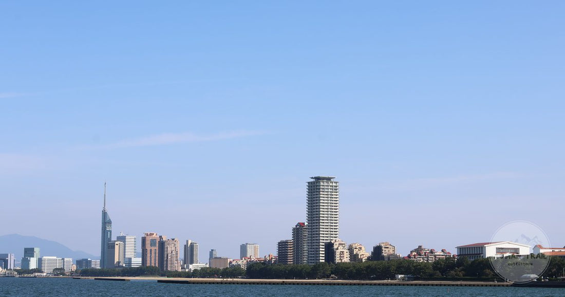 The Fukuoka city skyline and waterfront under clear sky, Japan