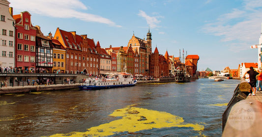 The Gdansk old town waterfront and its historic architecture along the river, Poland