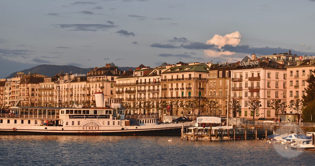 Geneva waterfront and historic architecture at sunset, Switzerland