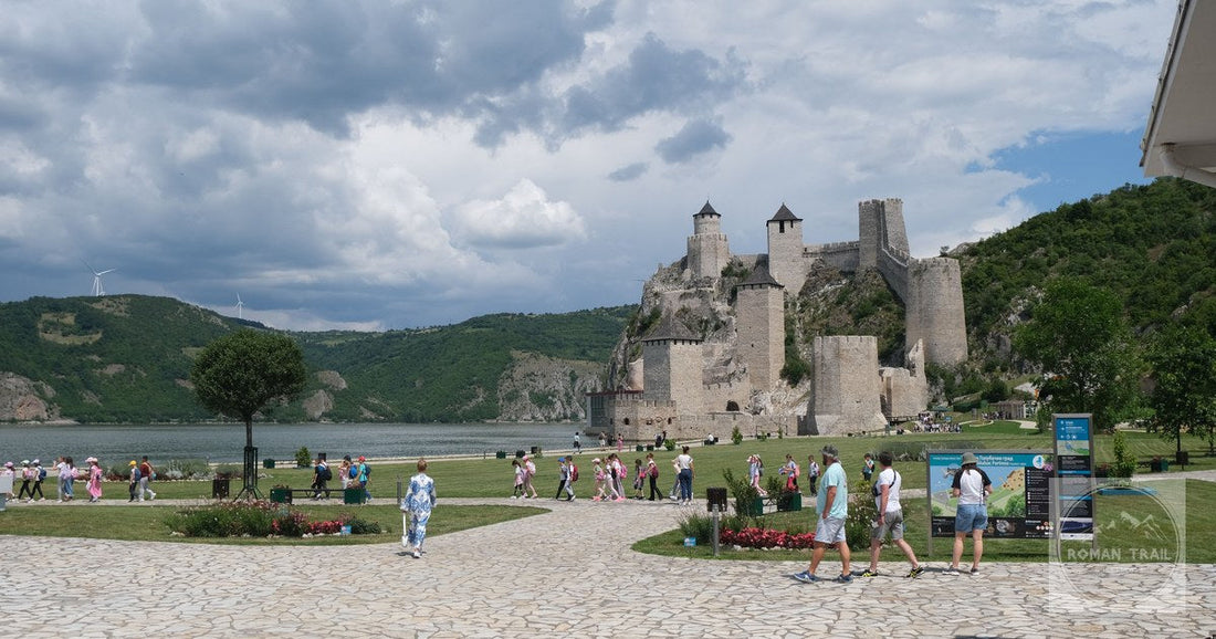 Visitors on the walls of Golubac fortress above the Danube in Serbia.
