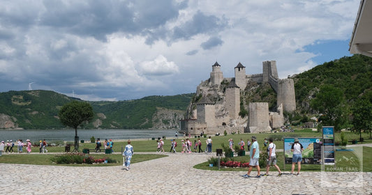 Visitors on the walls of Golubac fortress above the Danube in Serbia.
