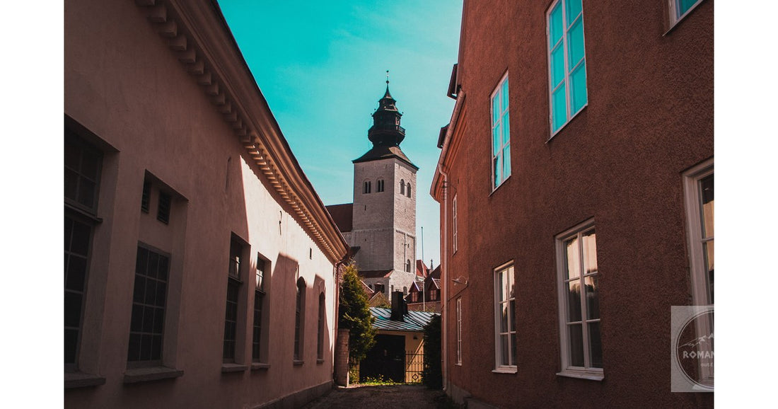 An alleyway in Visby with Saint Mary's Cathedral beyond, Gotland, Sweden