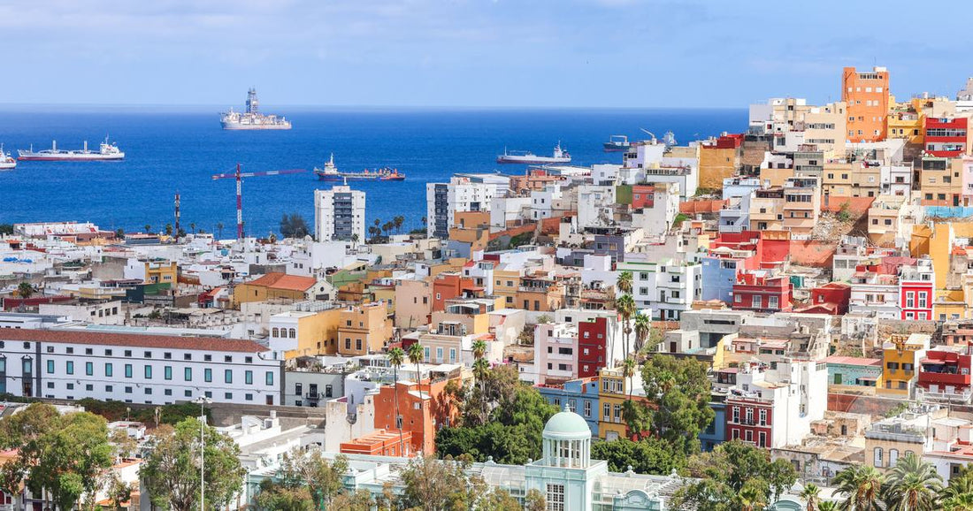 Aerial view of Las Palmas de Gran Canaria and its harbour, Gran Canaria packing list for women by Roman Trail Outfitters