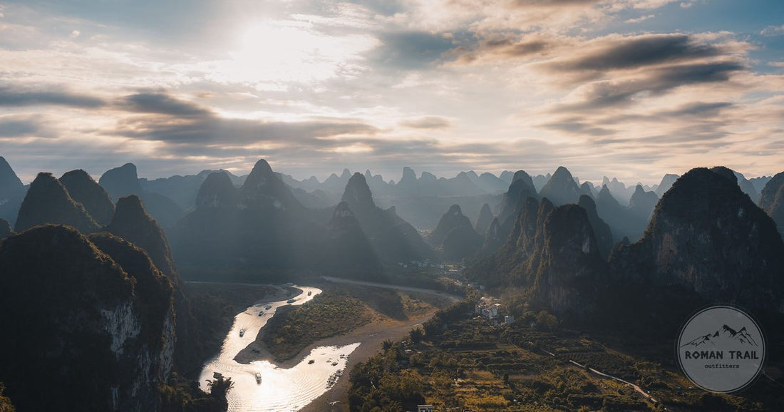 Aerial view of the Li River and the karst hills at sunset near Guilin, Guangxi, China