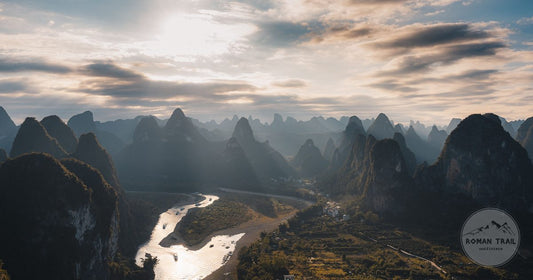 Aerial view of the Li River and the karst hills at sunset near Guilin, Guangxi, China
