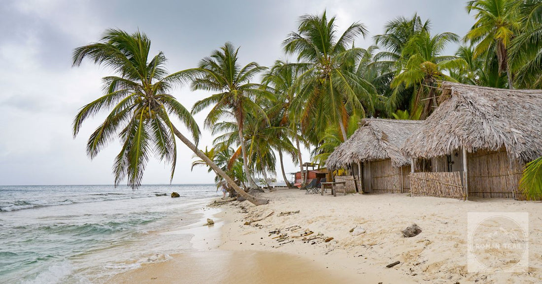 Palm trees and thatched huts on a white sand island in Guna Yala, Panama