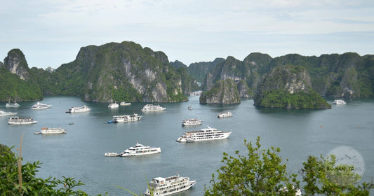 Limestone islands and cruise boats in Ha Long Bay, Vietnam