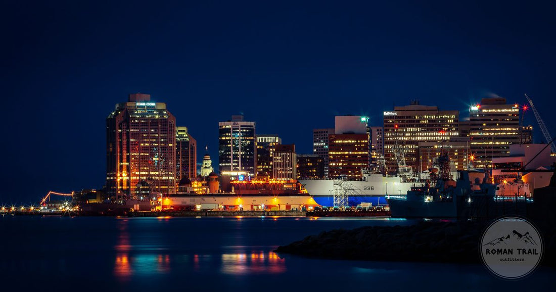 The Halifax skyline lit along the waterfront, Nova Scotia, Canada