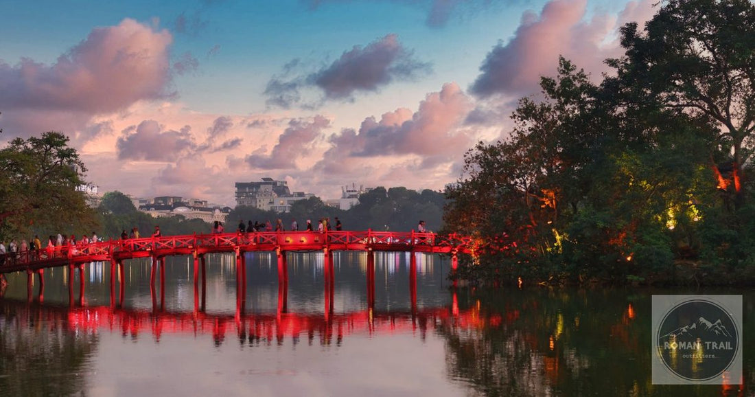 The Huc Bridge over Hoan Kiem Lake at dusk, Hanoi packing list for women by Roman Trail Outfitters
