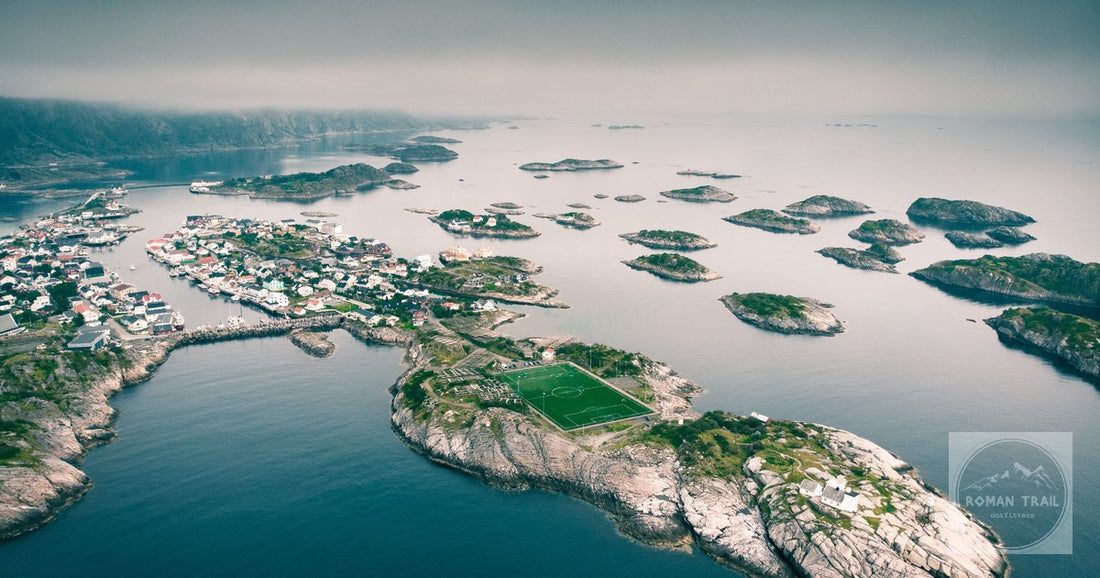 The football pitch and the islands of Henningsvaer from above, Lofoten, Norway