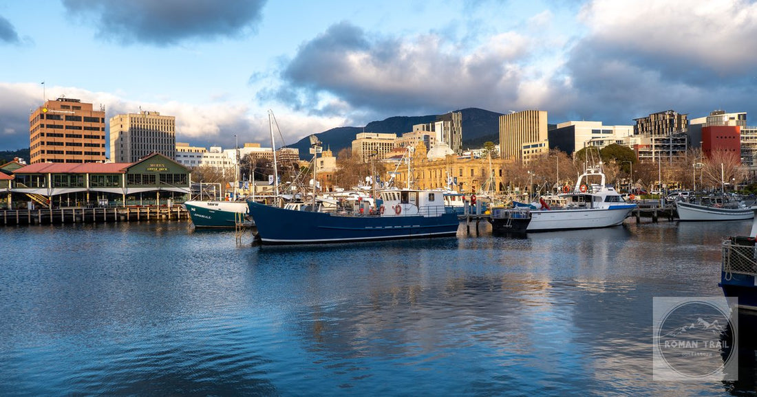 Hobart waterfront with fishing boats and the city skyline, Tasmania
